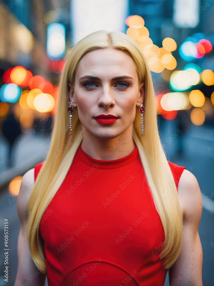 Portrait of beautiful transgender woman, blue eyes and red lipstick, wearing red dress, lgbt concept, diversity background