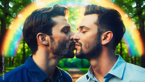 Obraz na płótnie Young handsome Gay men kissing each other, love, lgbt concept, gay wedding, romantic background w salonie