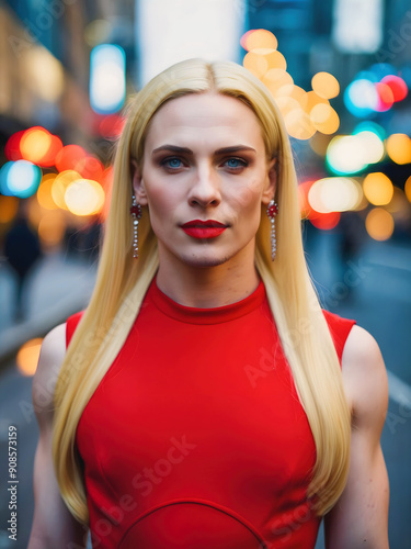 Obraz na płótnie Portrait of beautiful transgender woman, blue eyes and red lipstick, wearing red dress, lgbt concept, diversity background w salonie