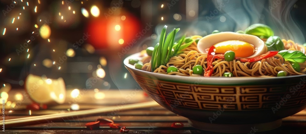 Delicious bowl of noodles garnished with fresh vegetables and a soft-boiled egg, perfect for culinary enthusiasts. Delicious bowl of noodles garnished with fresh vegetables and a soft-boiled egg, perfect for culinary enthusiasts.