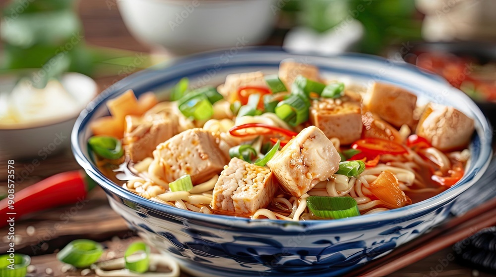 Delicious bowl of noodle soup with tofu, vegetables, and spices, perfect for a comforting meal or culinary inspiration. Delicious bowl of noodle soup with tofu, vegetables, and spices, perfect for a comforting meal or culinary inspiration.