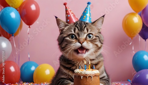 Happy Birthday Cat with Cake and Balloons photo