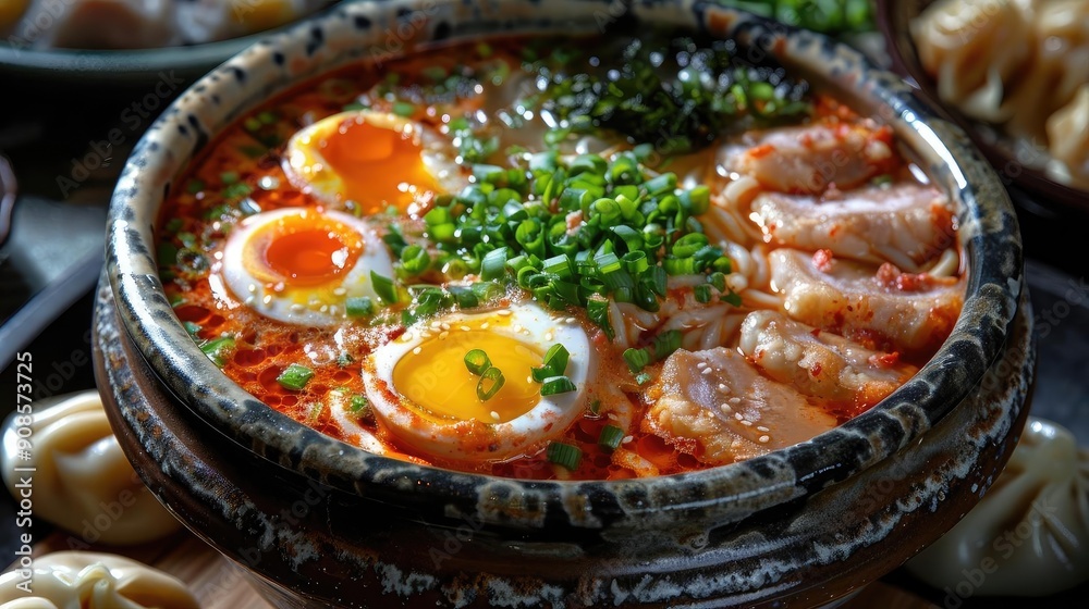 A steaming bowl of flavorful ramen topped with sliced meat, boiled eggs, and fresh herbs, perfect for a culinary delight. A steaming bowl of flavorful ramen topped with sliced meat, boiled eggs, and fresh herbs, perfect for a culinary delight.