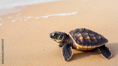 Baby turtle hatchling emerging from its shell on a sandy beach, sunlight casting shadows, emphasizing new life