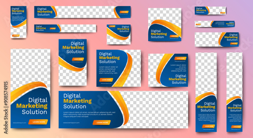 set of blue background for web ad banner template with text and image spaces. vector