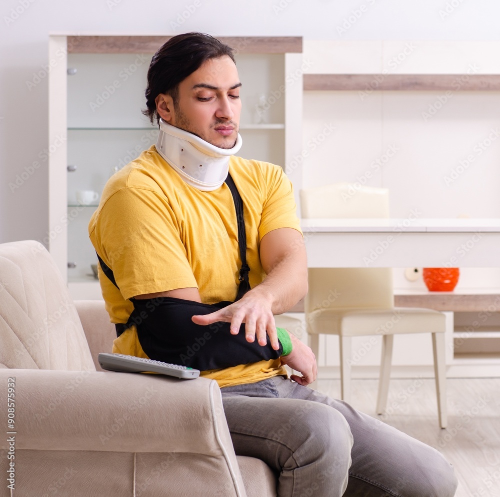 Young man after car accident suffering at home Young man after car accident suffering at home
