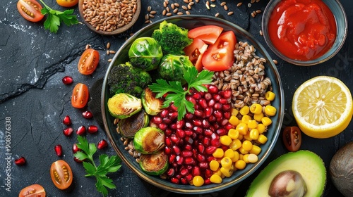 Vibrant salad bowl filled with fresh vegetables, legumes, and garnishes for a healthy meal or lifestyle.