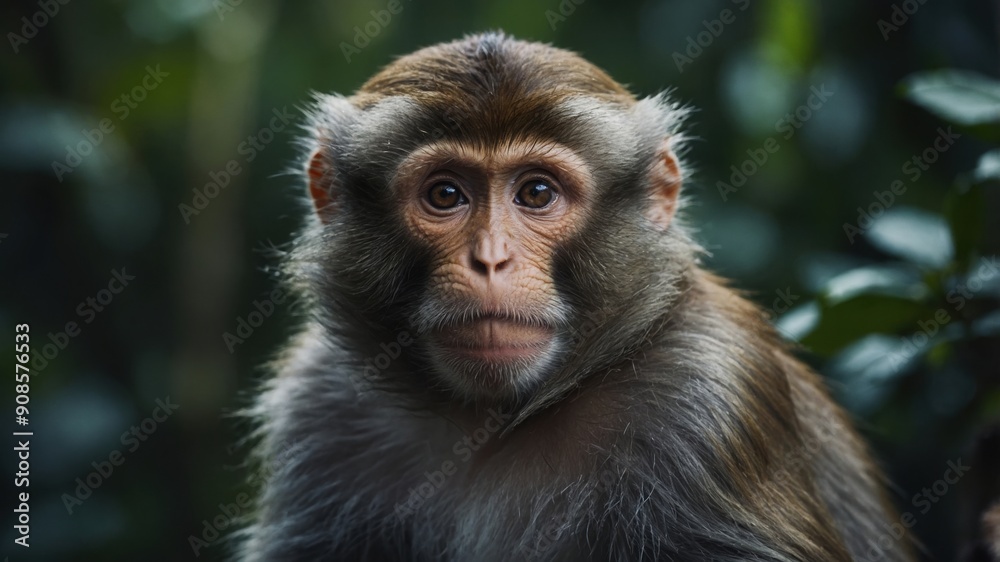 A monkey peeking from behind a leaf, observing its surroundings with curiosity A monkey peeking from behind a leaf, observing its surroundings with curiosity