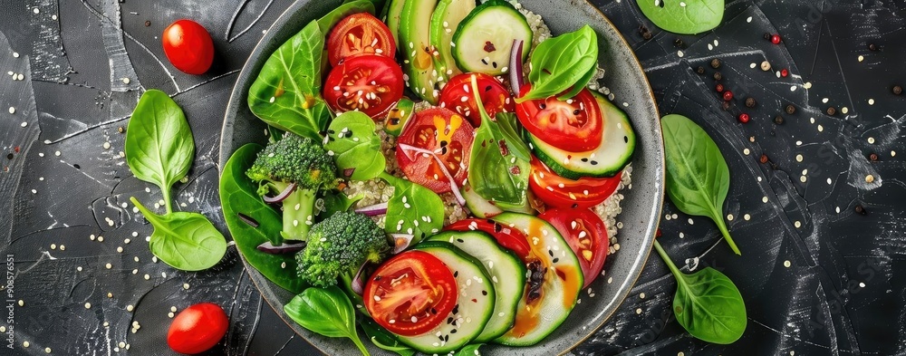 Vibrant salad featuring fresh tomatoes, cucumbers, and greens, perfect for a healthy meal or culinary presentation. Vibrant salad featuring fresh tomatoes, cucumbers, and greens, perfect for a healthy meal or culinary presentation.