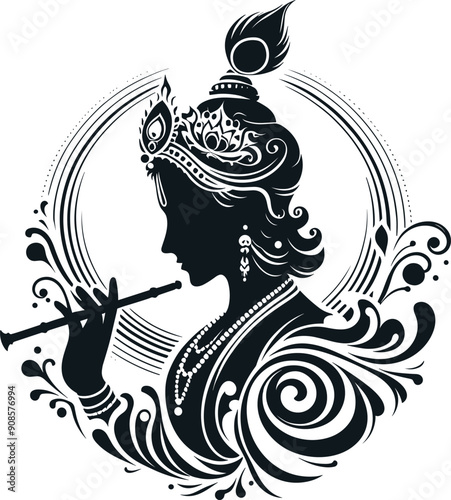 Adobe Illustrator Artwork Lord Krishna's face with peacock on his head and flute, happy Janmashtami
