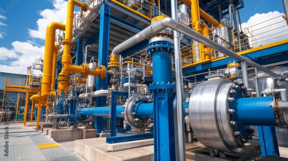 Industrial Plant with Blue and Yellow Pipes Industrial Plant with Blue and Yellow Pipes