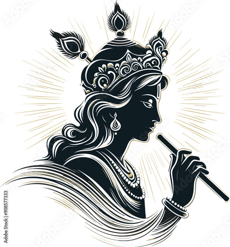 Adobe Illustrator Artwork Lord Krishna's face with peacock on his head and flute, happy Janmashtami
