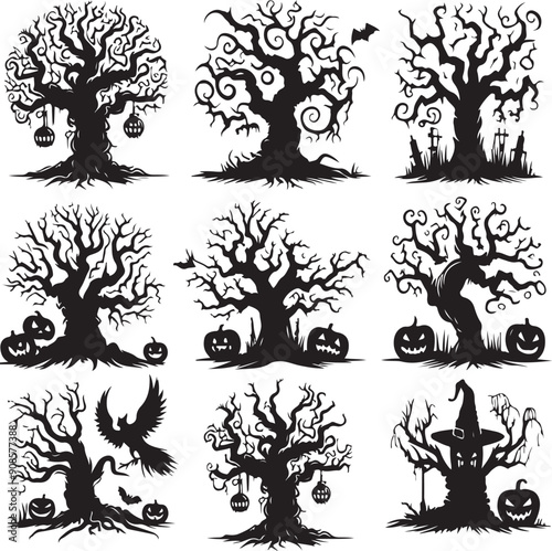 Set of black  silhouette Halloween trees vector