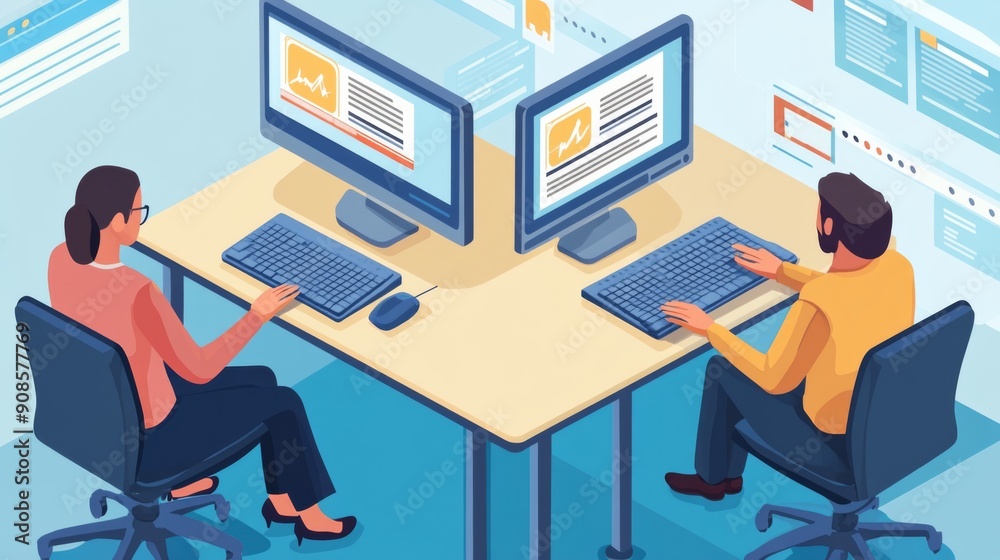 Two People Working on Computers in Office Two People Working on Computers in Office