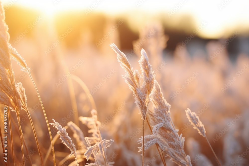 Obraz premium Warm golden sunset over a field of tall grass