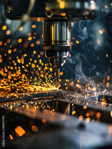 Sparks fly from industrial metal cutting machine