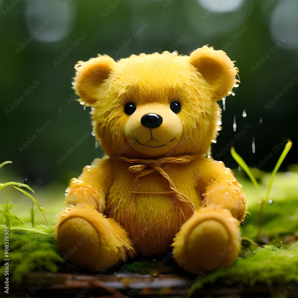 Cute teddy bear with yellow moss on the green grass floor