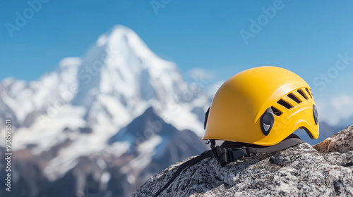 A climbing helmet resting securely on a rugged rock with majestic snowy mountains towering in the background. This adventurous scene perfectly captures the essence of mountaineerin photo