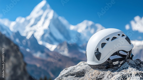 A climbing helmet resting securely on a rugged rock with majestic snowy mountains towering in the background. This adventurous scene perfectly captures the essence of mountaineerin photo