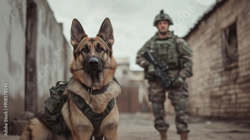 A vigilant German Shepherd in tactical gear stands beside a soldier in protective gear, both poised and alert in an urban setting. The image suggests strong security and unwavering