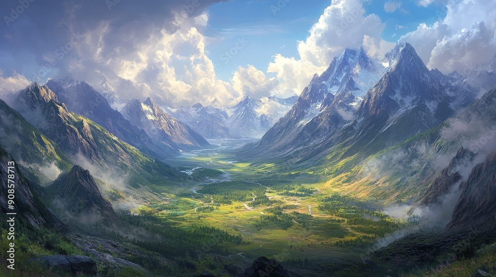 Fototapeta premium A breathtaking epic landscape of towering mountains, expansive valleys, and a dramatic sky, capturing the grandeur and scale of beauty.