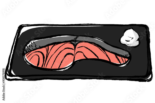 筆タッチの大根おろしが添えられた焼き鮭のイラスト