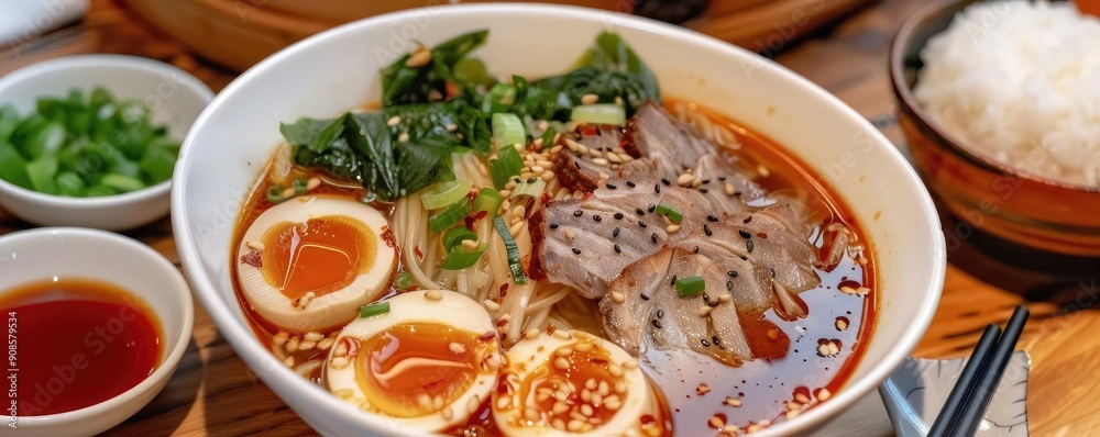 Delicious bowl of ramen with soft boiled eggs, sliced meat, fresh greens, and savory broth, perfect for food lovers and culinary enthusiasts. Delicious bowl of ramen with soft boiled eggs, sliced meat, fresh greens, and savory broth, perfect for food lovers and culinary enthusiasts.