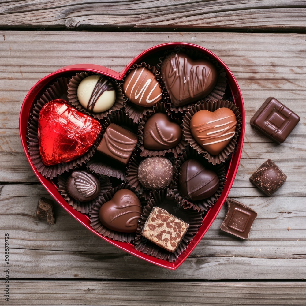 A box of assorted chocolates is placed on a wooden table