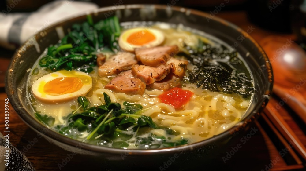 A delicious bowl of ramen featuring noodles, soft egg, pork, and fresh greens in a rich broth. Perfect for food lovers. A delicious bowl of ramen featuring noodles, soft egg, pork, and fresh greens in a rich broth. Perfect for food lovers.