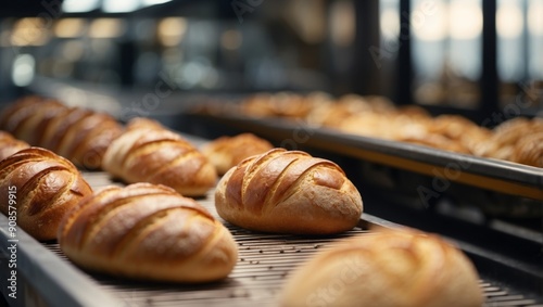 Freshly baked breads on the conveyor belt. photo