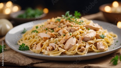 fettucini with chicken on a plate top view angle. photo