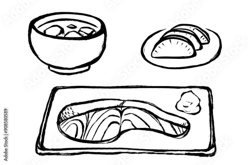 筆タッチの味噌汁と沢庵の焼き鮭のモノクロ線画イラストセット