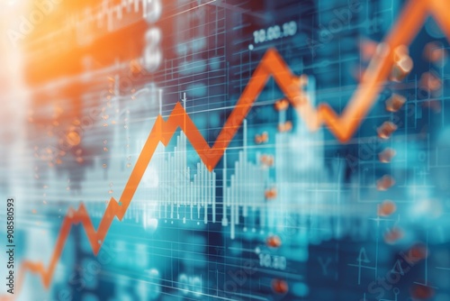 An abstract image showing a bright orange line graph indicating positive growth on a digital display, representing economic, business, or stock market success.