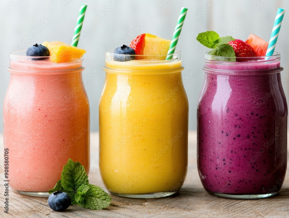 Colorful fruit smoothies in glass jars Colorful fruit smoothies in glass jars