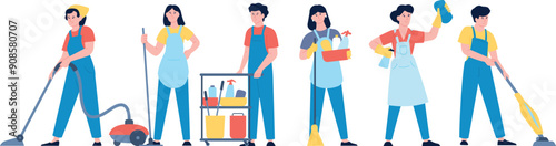 Cleaning service team. People in uniform with professional equipment