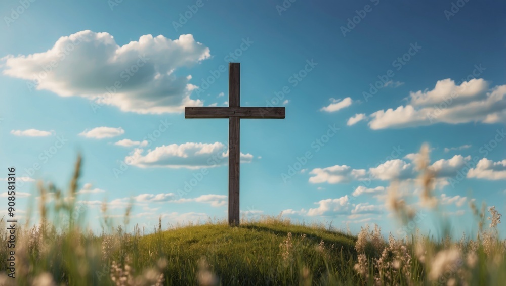 Cross in the meadow with blue sky and clouds Illustration. Cross in the meadow with blue sky and clouds Illustration.