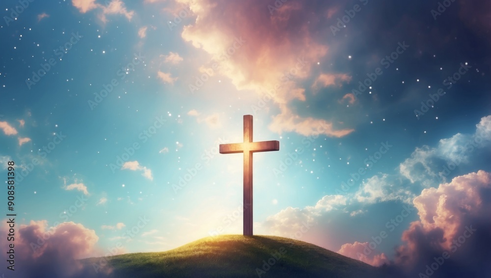 Christian cross in the sky Easter holiday background Illustration. Christian cross in the sky Easter holiday background Illustration.