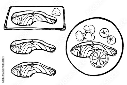 鮭料理と鮭のイラストのモノクロ線画セット