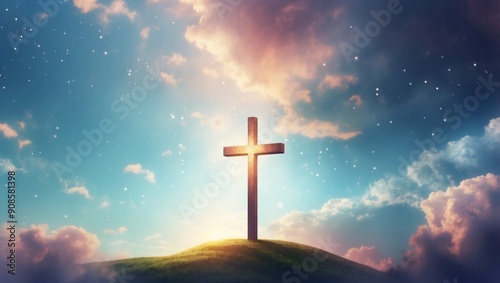 Christian cross in the sky Easter holiday background Illustration.