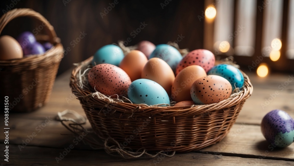 Easter eggs in a wicker basket on a wooden background. Easter eggs in a wicker basket on a wooden background.