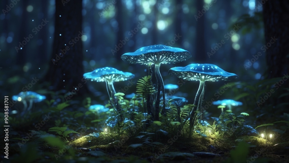 Fototapeta premium Bioluminescent Mystery A D Rendered of a Nocturnal Forest Ecosystem Glowing with HiTech Allure.