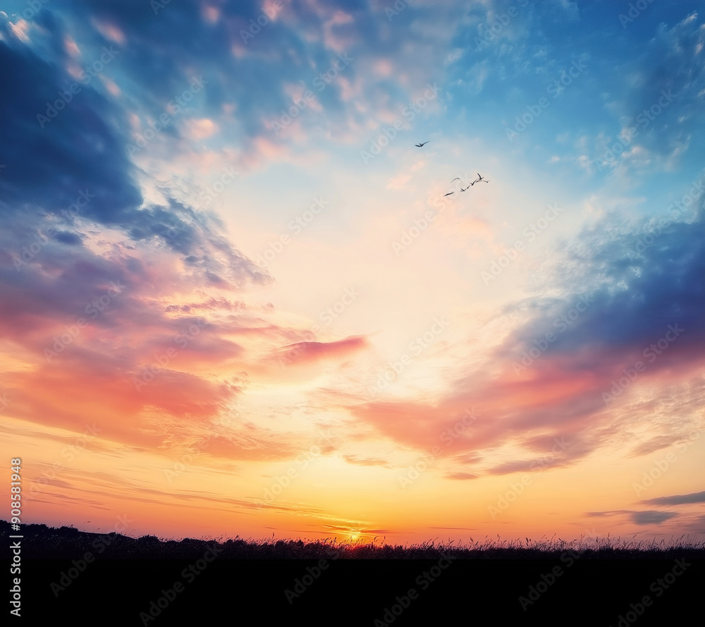 Golden hour sky with vibrant orange hues and soft pink tones. Clouds scattered across the blue atmosphere, reflecting sunlight in a serene natural landscape. Golden hour sky with vibrant orange hues and soft pink tones. Clouds scattered across the blue atmosphere, reflecting sunlight in a serene natural landscape.