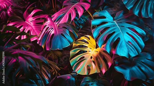 A lush tropical forest illuminated by vibrant neon Monstera deliciosa leaves, casting a colorful glow among the greenery