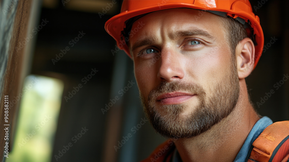 A man wearing a hard hat and orange vest is looking at the camera. He has a beard and a mustache A man wearing a hard hat and orange vest is looking at the camera. He has a beard and a mustache