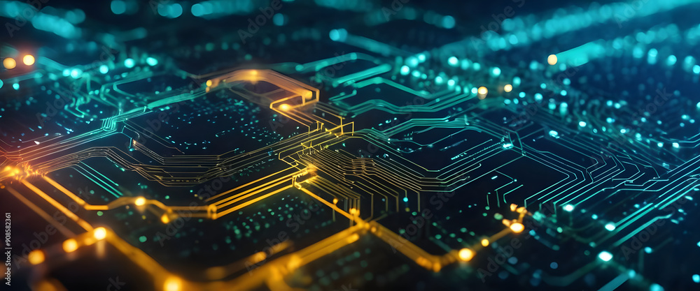 Close-up of a computer circuit board featuring various electronic components and connections, showcasing technology and hardware in a detailed macro view Close-up of a computer circuit board featuring various electronic components and connections, showcasing technology and hardware in a detailed macro view