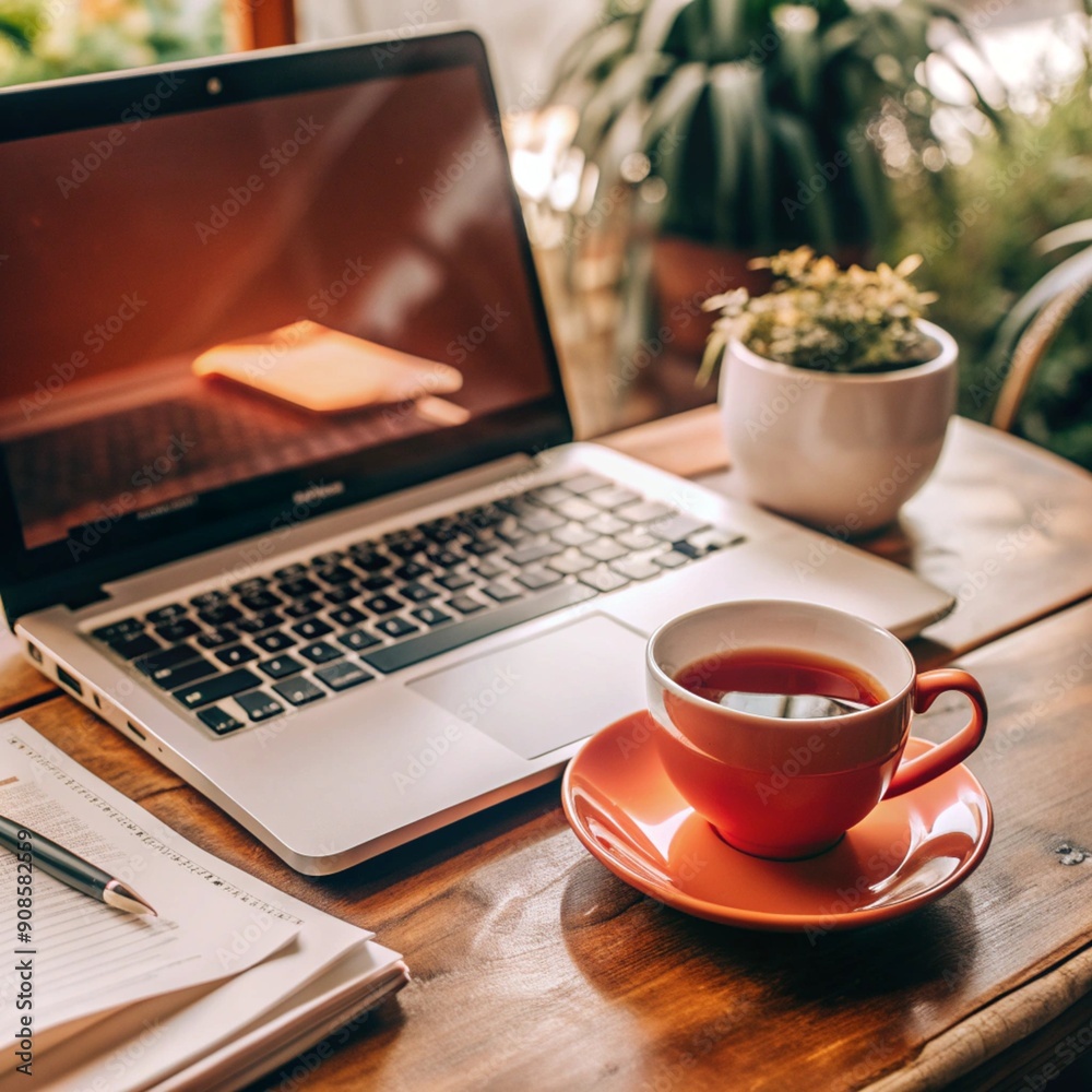 A Desk, Laptop, documents and tea cup on the desk. A Desk, Laptop, documents and tea cup on the desk.