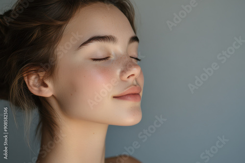 A close up of a girl's face with her eyes closed