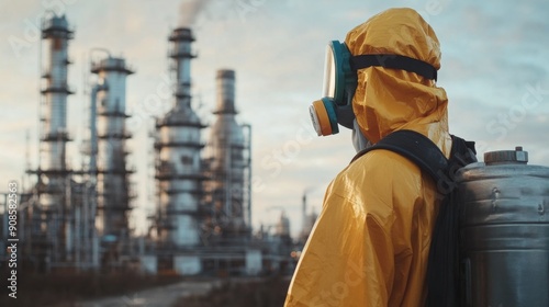 Wallpaper Mural Industrial Hazard: A Hazmat Suit Worker in Front of an Industrial Facility Torontodigital.ca
