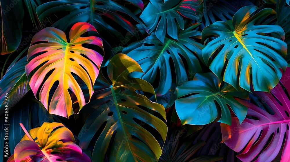 Close-up of neon Monstera deliciosa leaves with vivid colors contrasting against the dense tropical foliage Close-up of neon Monstera deliciosa leaves with vivid colors contrasting against the dense tropical foliage