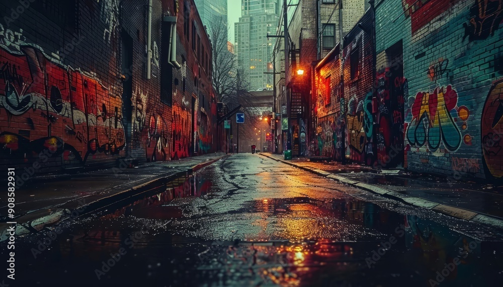 Obraz premium A grunge urban alleyway with graffiticovered walls, broken windows, and dim lighting, Photography, High contrast, Gritty texture